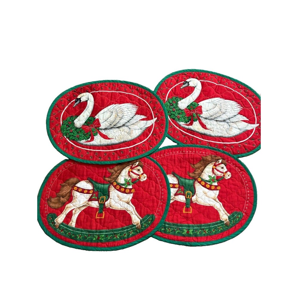 Vintage 80s Christmas Placemats 4 Swan Goose Horse Retro Cottagecore Country